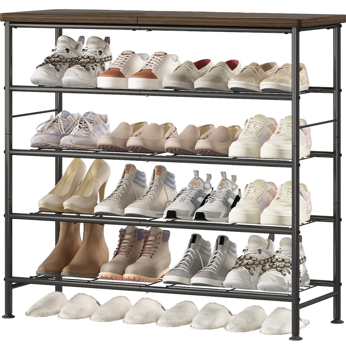 SUOERNUO Shoe Rack Organizer 5 Tier for Closet Entryway Free Standing Metal Storage Shoe Shelf with MDF Top Board，Black+Rustic Brown SUOERNUO