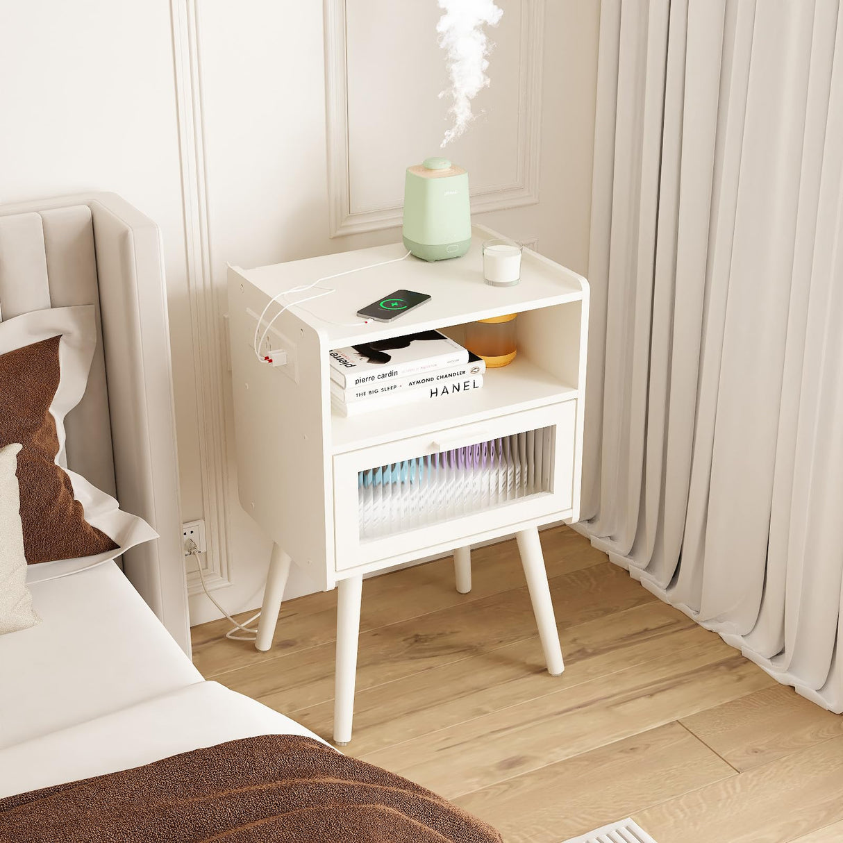 Mid Century Modern Nightstand with Charging Station, Bedside Tables with Glass Drawer, End Table Side Table with 2 Tiers Storage Space, for Bedroom, Living Room, White SOOWERY