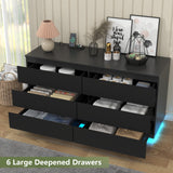 Gyfimoie 6 Drawer Dresser with Power Outlet, Floating White Dresser Chest of Drawer with LED Light,Modern Double Wide Drawer Organizer Cabinet for Bedroom,Living Room (Black) Gyfimoie