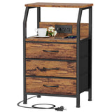 Furnulem Night Stand with Charging Station, USB Ports and Outlets, 28.3 Inch Tall Bedside Table with Wood Shelf, 3 Fabric Drawers Side Table for Bedroom, 3 Ways to Use, Rustic Brown Furnulem