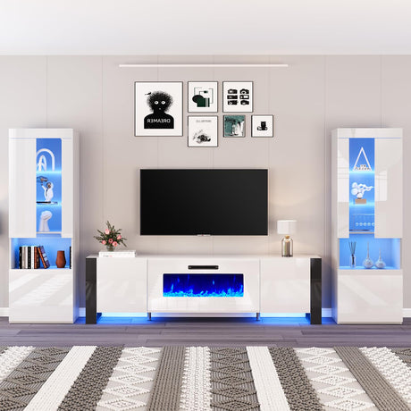 AMERLIFE 80" Modern Fireplace TV Stand with 40" Electric Fireplace & 2 Large Storage LED Bookcases, 3 Piece Living Room Entertainment Center Set for TVs Up to 90in, All White AMERLIFE