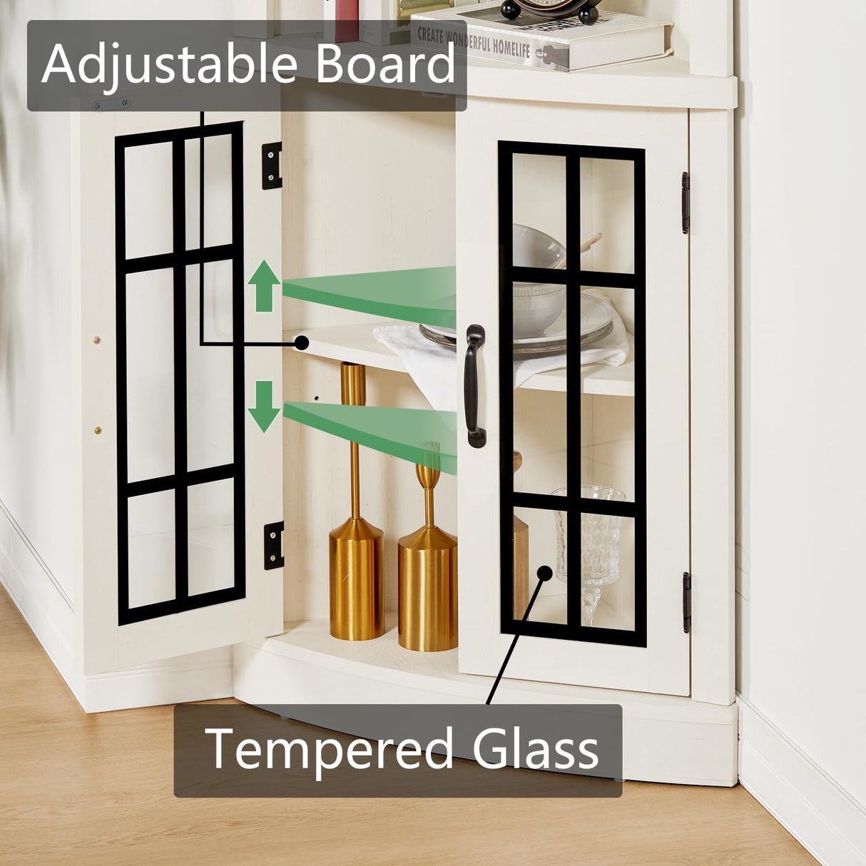 AMERLIFE Curved Corner Storage Cabinet, 65" Tall Freestanding Bookcase with Glass Doors & Adjustable Shelves, 5-Tier Corner Display Cabinet for Living Room, Bathroom, Distressed White AMERLIFE