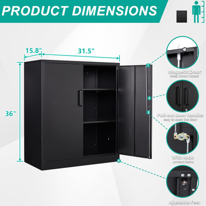 Metal Storage Cabinet with Doors and Shelves,Small Garage Storage Cabinet with Lock,Black Metal Cabinet with Locking Doors,Steel Cabinet,Lockable Storage Cabinet for Home,Office,Short Garage  - WoodArtSupply