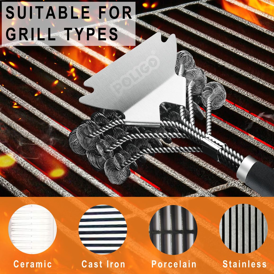 POLIGO BBQ Grill Cleaning Brush Bristle Free & Scraper - Triple Helix Design Barbecue Cleaner - Non-Bristle Grill Brush and Scraper Safe for Gas Charcoal Porcelain Grills - Ideal Grill Tools Gift POLIGO