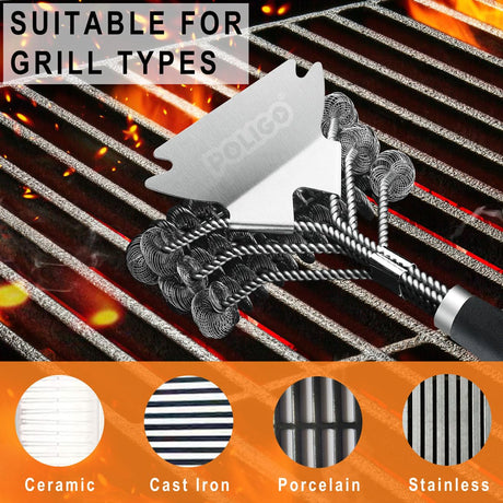 POLIGO BBQ Grill Cleaning Brush Bristle Free & Scraper - Triple Helix Design Barbecue Cleaner - Non-Bristle Grill Brush and Scraper Safe for Gas Charcoal Porcelain Grills - Ideal Grill Tools Gift POLIGO