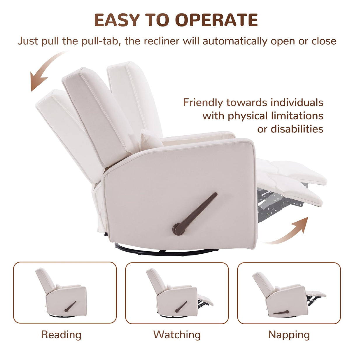 Tbfit Nursery Rocking Chair, 360° Swivel Glider Recliner with Lumbar Support, Comfy Upholstered Armchair with Pillows & Footrest for Living Room & Bedroom (Handle Switch, Beige) Tbfit