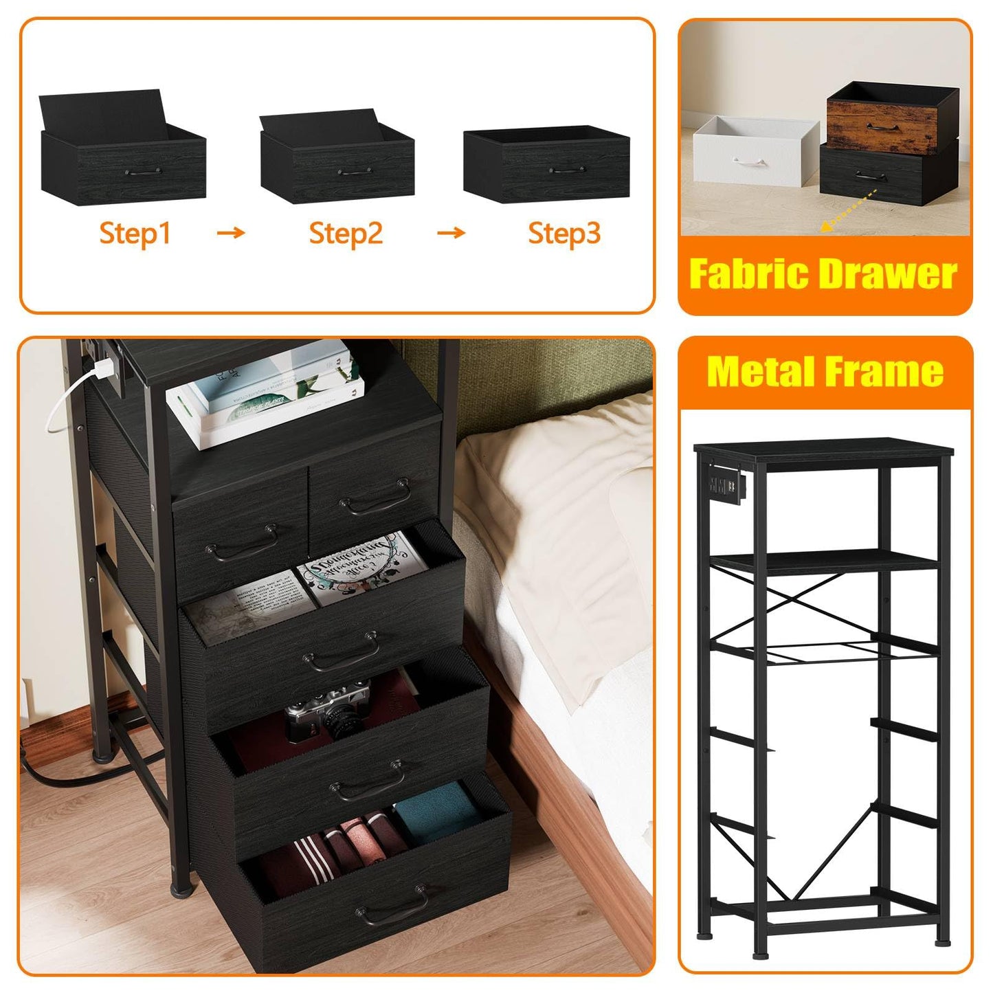 Furnulem Vertical Dresser with Charging Station and LED Lights, Black Chest of Drawers with Shelf and 5 Fabric Bins, Tall Nightstand for Entryway, Closet, Bedside Table, Wood Top, Bedroom Fur - WoodArtSupply