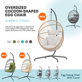 Patiorama Indoor Outdoor Egg Swing Chair with Stand, Oversized Cocoon-Shaped Rope Woven Hanging Chair, Cushion,Safety Strap,Patio Wicker Foldable Hammock Chair for Porch,Garden,Bedroom (Creamy White) Patiorama
