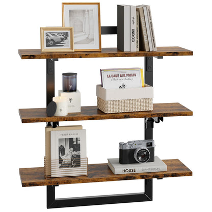 Bestier Floating Shelves for Wall, 24 inch Kitchen Shelves Wall Mounted, 3 Tier Coffee Bar Shelf with Foldable Brackets, Industrial Display Shelf for Bathroom, Living Room, Rustic Brown - WoodArtSupply