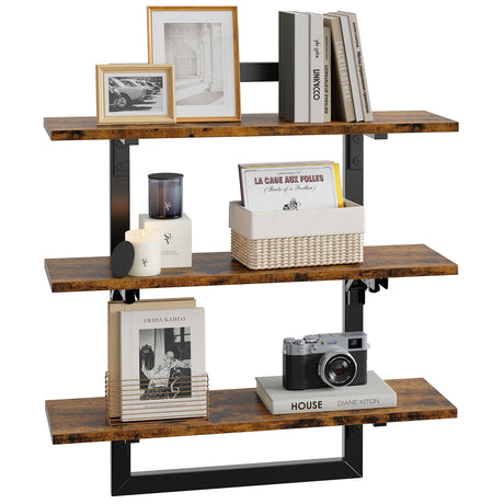 Bestier Floating Shelves for Wall, 24 inch Kitchen Shelves Wall Mounted, 3 Tier Coffee Bar Shelf with Foldable Brackets, Industrial Display Shelf for Bathroom, Living Room, Rustic Brown Bestier