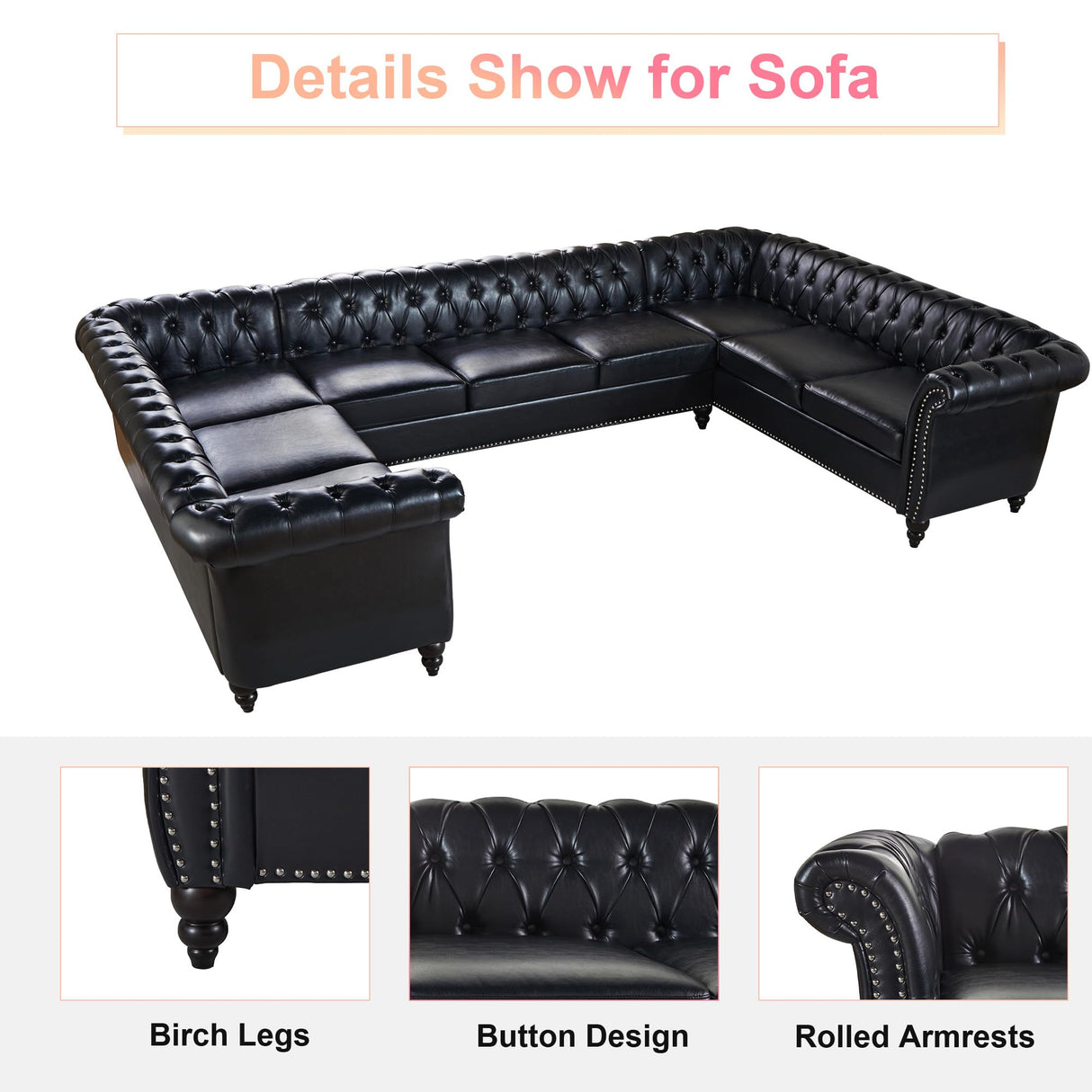 U Shaped Large Sectional Sofa, Chesterfield Leather Faux Couch Tufted Accent Sofa with Scroll Arms and Nailhead for Living Room, Office ORRD