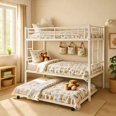 ArisingAsia Twin Over Twin Triple Bunk Beds with Trundle, Metal Bunkbeds with Ladder and Full-Length Guardrail, Noise Free, No Box Spring Needed