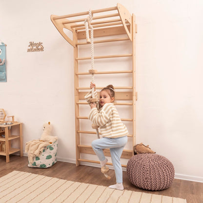 Woodandhearts Swedish Ladder Gym, Swedish Ladder Wall, Indoor Playground and Monkey Bars with Climbing Rope with Wooden Spheres in Natural Wood Color