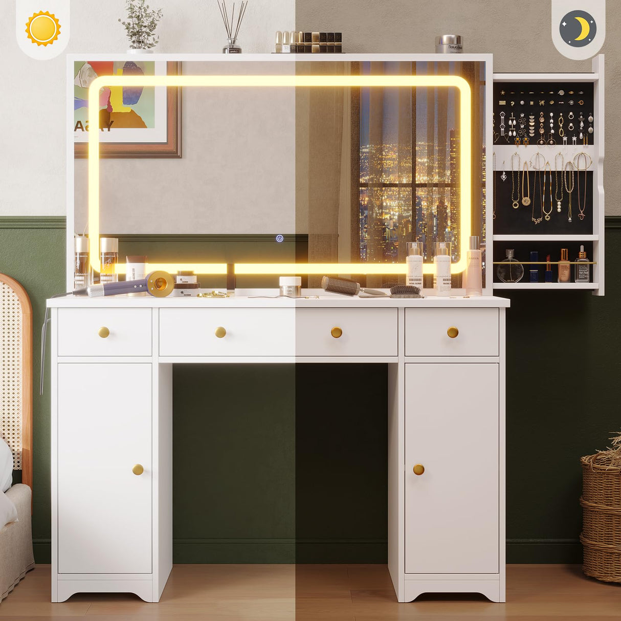 Hasuit Makeup Vanity Desk with Large Mirror and LED Lights, Vanity Table with Sliding Jewelry Cabinet and Power Outlets, Vanity with Storage Cabinets & Drawers, 3 Lighting Modes Brightness Adjustable Hasuit