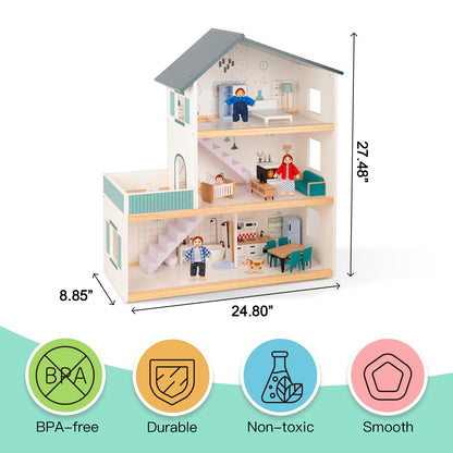 OOOK Wooden Dollhouse for Kids, Doll House with Simulated Luxury Furniture Set, Dollhouse Playset Gifts for Girls Toddlers (Including 4 Family Dolls