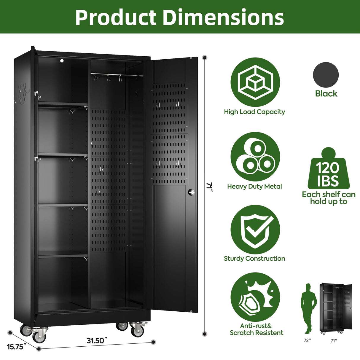 Reemoon Broom Closet Storage Cabinet with Wheels and Pegboard,Metal Garage Storage Cabinet with Doors and Adjustable Shelves for Garage Home,Required Assembly,Black Reemoon