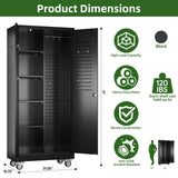 Reemoon Broom Closet Storage Cabinet with Wheels and Pegboard,Metal Garage Storage Cabinet with Doors and Adjustable Shelves for Garage Home,Required Assembly,Black Reemoon