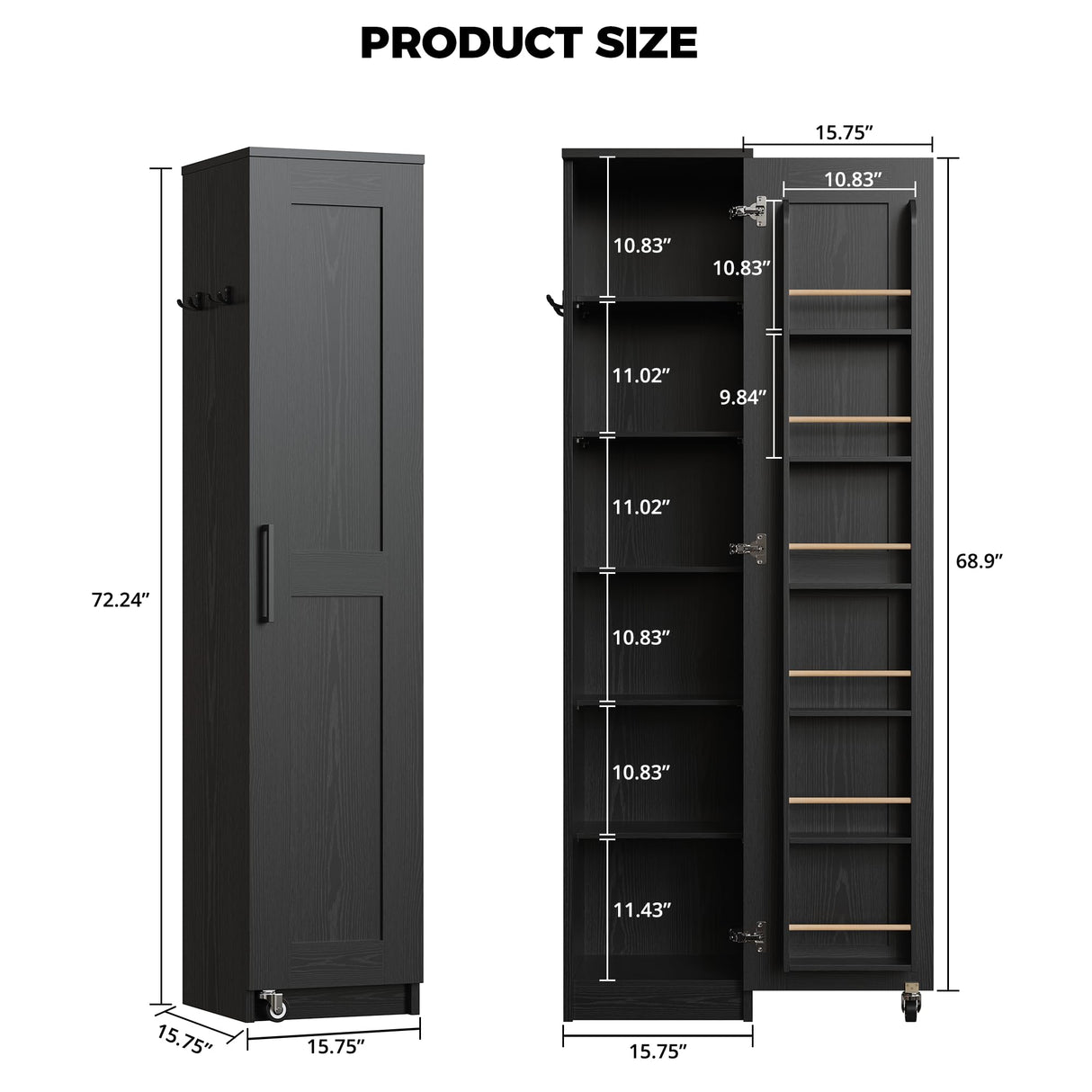 IRONCK Narrow Kitchen Pantry Storage Cabinet, 72" Slim Single Door with 6 Adjustable Shelves, Door Rack and Wheels, Space Saving Freestanding Storage Floor Cabinet for Small Place, Black IRONCK