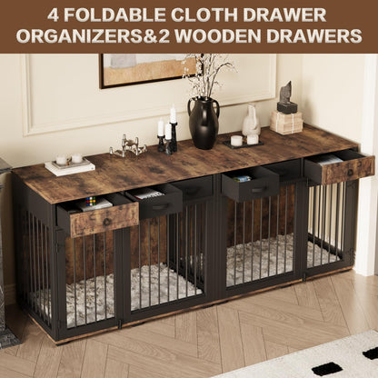 85.4" Dog Crate Furniture for 2 Dogs,Wooden Furniture Style Double Dog Kennel Crates Cages Large Breeds TV Stand Table with Storage and Divider Indoor,6 Combinations,Rustic Brown