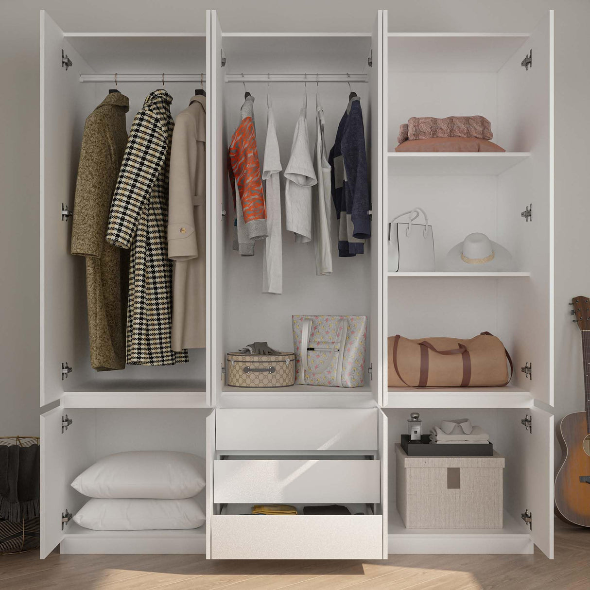 Jiaoun 78” 6-Door Large Armoire Wardrobe Closet, Bedroom Armoire with 3 Drawers & 2 Hanging Rod, Wooden Armoires and Wardrobe,White (70.9”W x 23.63”D x78”H) Jiaoun