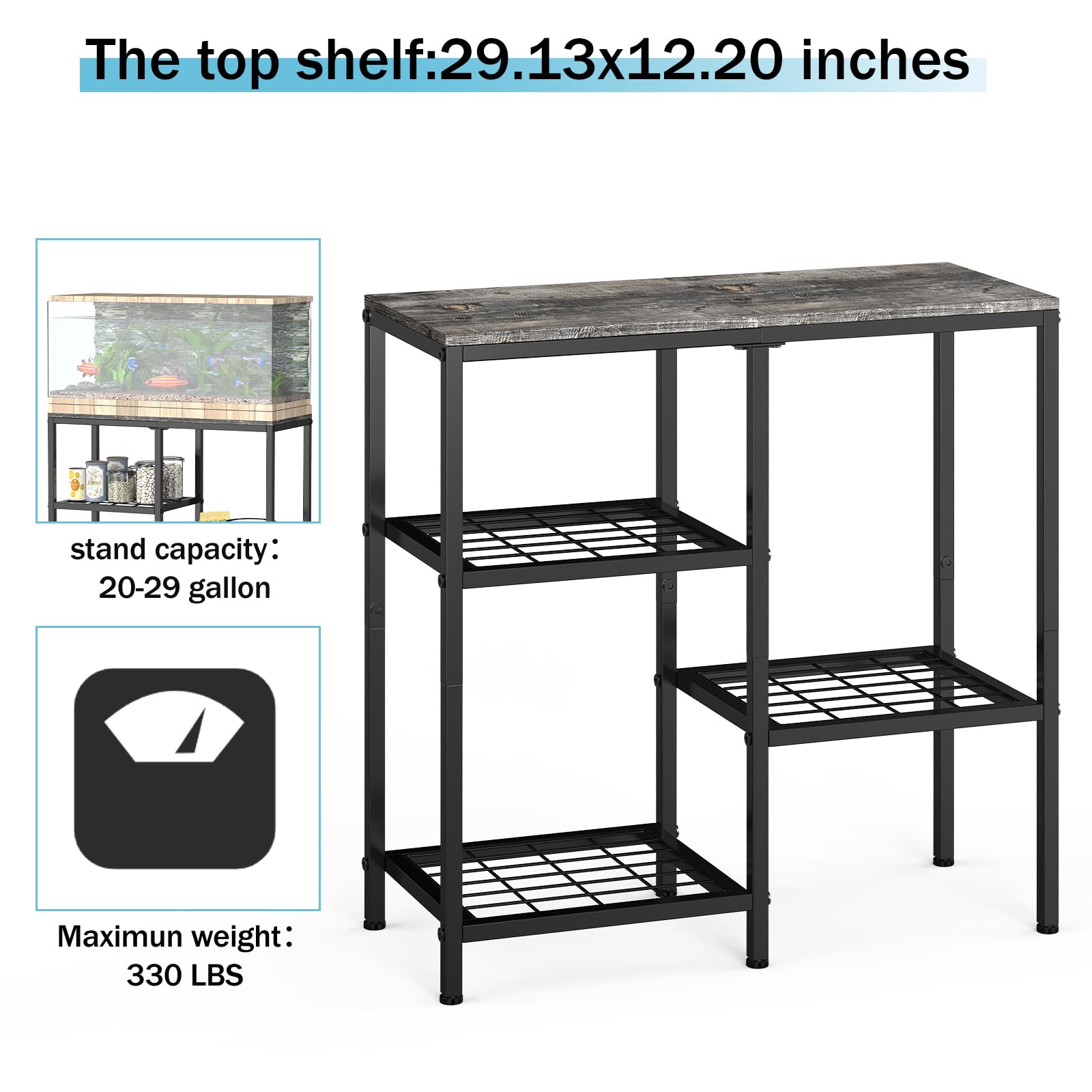 YBING Fish Tank Stand, 20 Gallon Aquarium Stand with Shelf, Metal Turtle Reptile Tank Stand, with 3 Small Mesh Shelves, 330 LBS Capacity Gray - WoodArtSupply