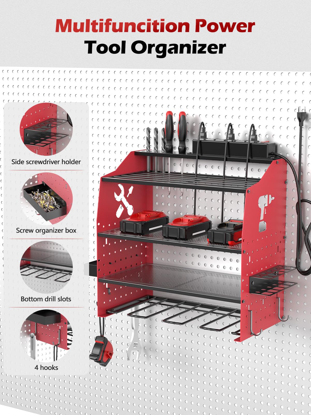 [2025 Upgraded] Power Tool Organizer Wall Mount with Charging Station, [5-Layer 220 LBS Heavy Duty], Metal Garage Tool Organizer Storage, Tool Battery Utility Racks for Room Garage Workshop Workbench HSicily