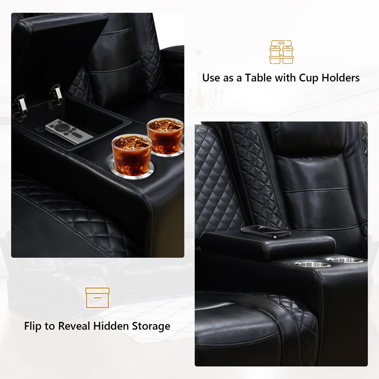 Power Reclining Loveseat Sofa for Home Theater, PU Leather Wall Hugger RV Recliner with Console, 4 Cup Holders, USB & Type-C, LED Lights, 170° Adjustable Backrest, Black Lyngins