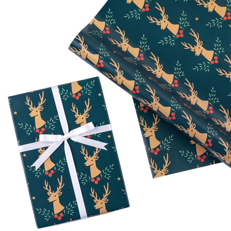 WRAPAHOLIC Christmas Wrapping Paper Roll - 17 Inch x 16.4 Feet per Roll - Dark Green Mini Roll, Reindeer Design Perfect for Christmas Holiday Gift Packing WRAPAHOLIC