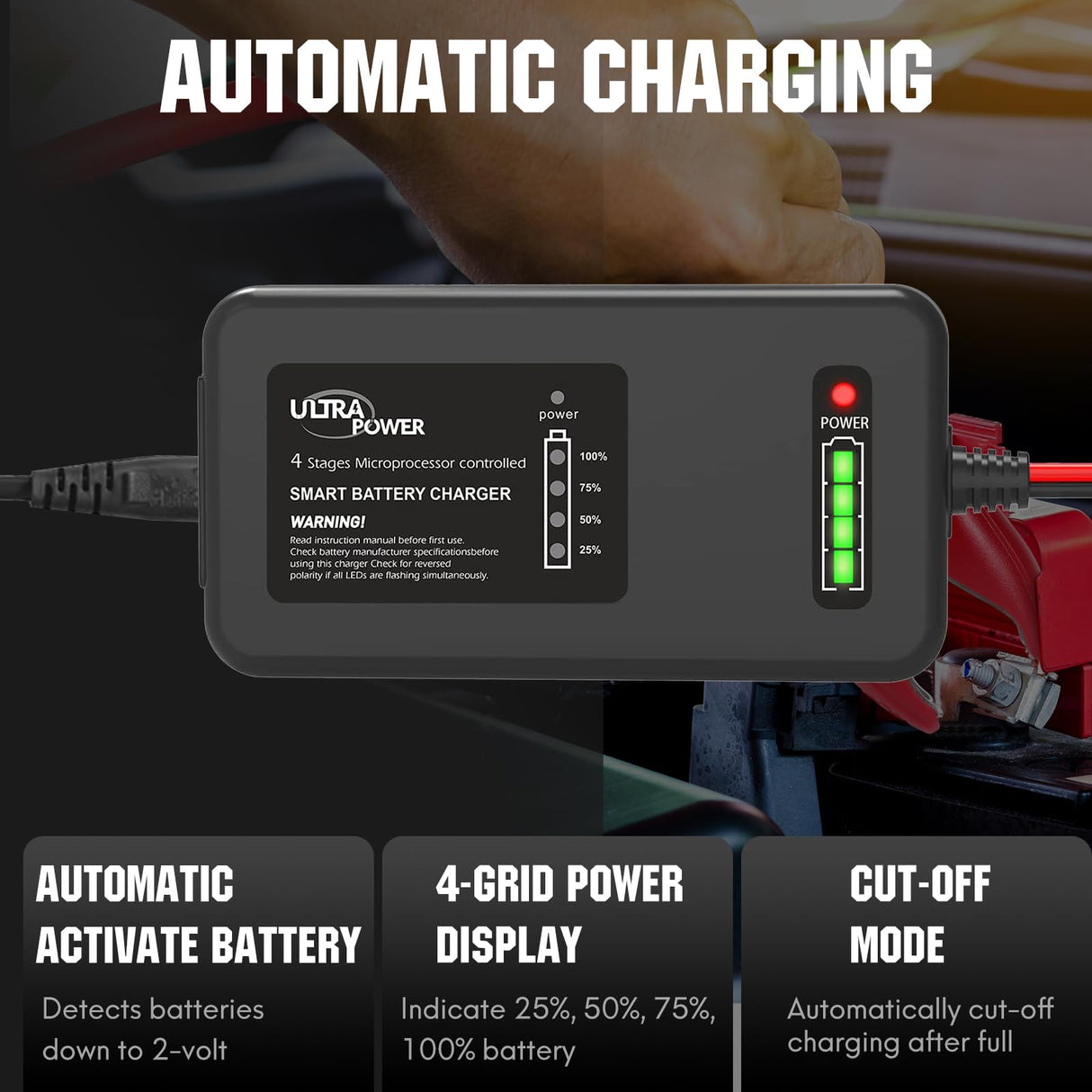 ULTRAPOWER 4-Amp 14.6 Volt LiFePO4 Battery Charger,12.8 Volt LiPO Lithium Battery Charger,Smart Battery Charger Maintainer for Cars,Motocycles,Golf Carts,UAV,Fishing Boat and Deep Cycle Batteries. ULTRA POWER