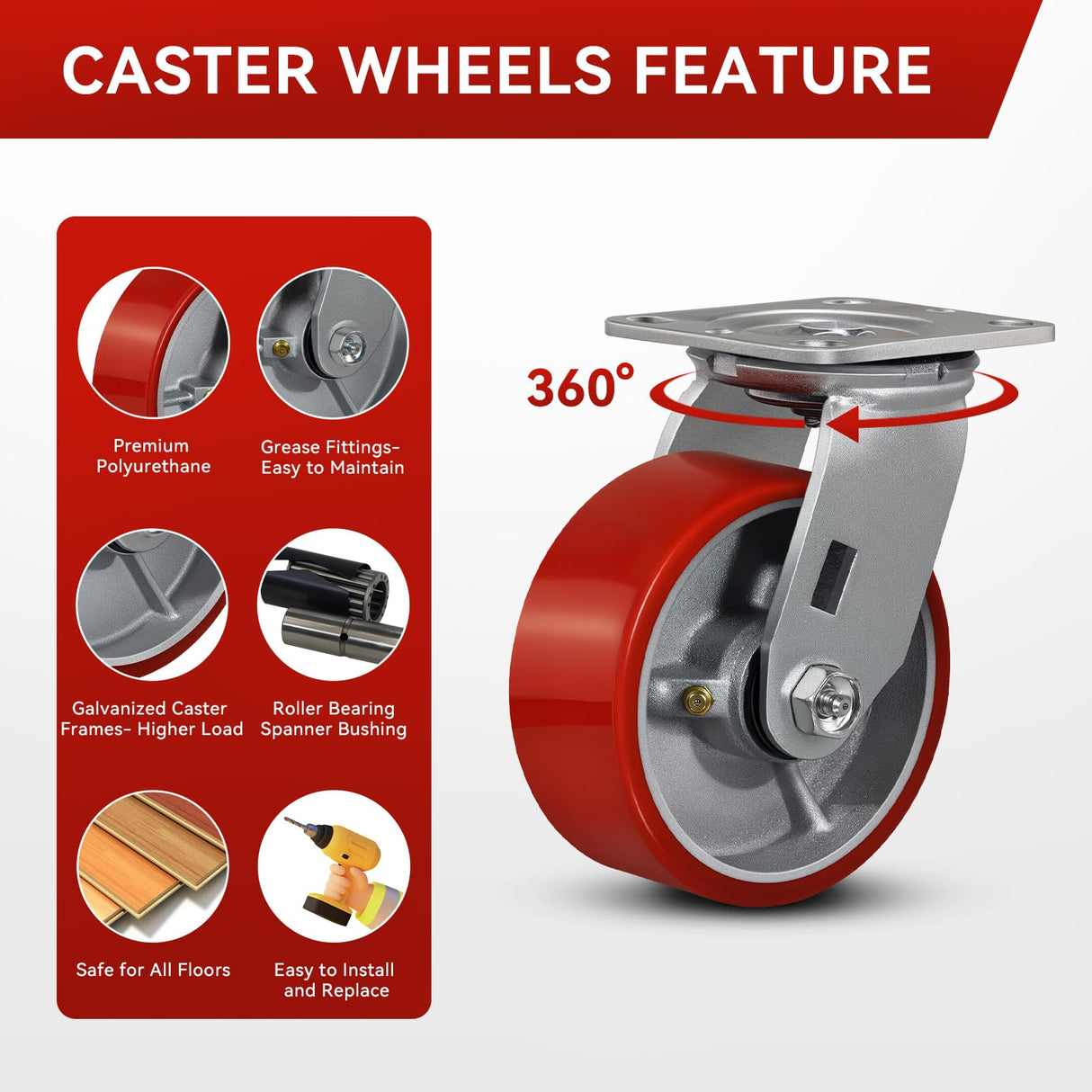 FOVERSWIVE 5"x2" Industrial Casters- Heavy Duty casters,Polyurethane Casters Wheel,Capacity up to 4000 Lb. Use for Platform Truck, U-Boat Cart,Workbenches(4 Swivel) FOVERSWIVE