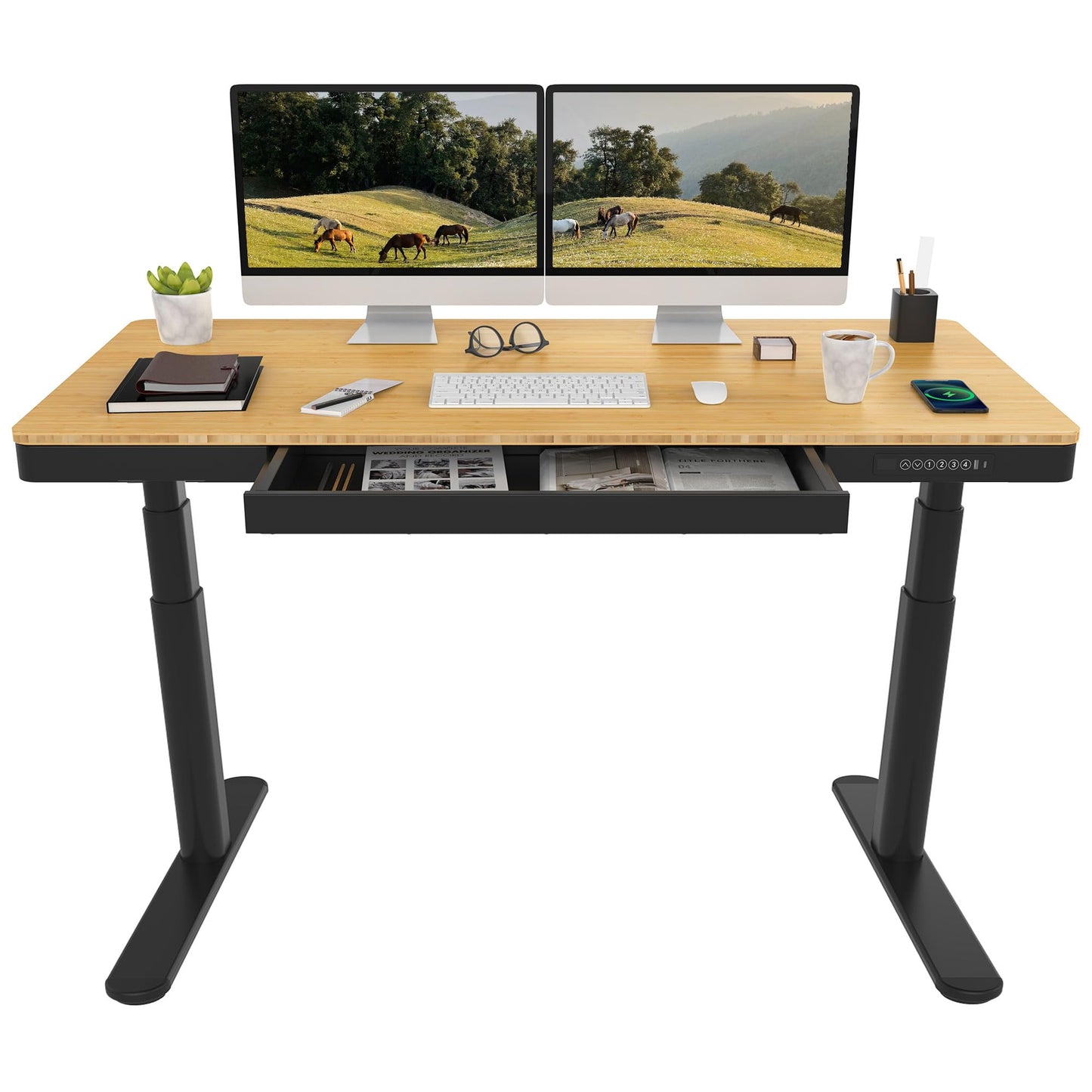 SANODESK Standing Desk with Drawer,Dual Motor 3 Stage Electric Height Adjustable Home Office Desk with Storage & Wireless Charging, 55 inch Bamboo Tabletop/Black Frame