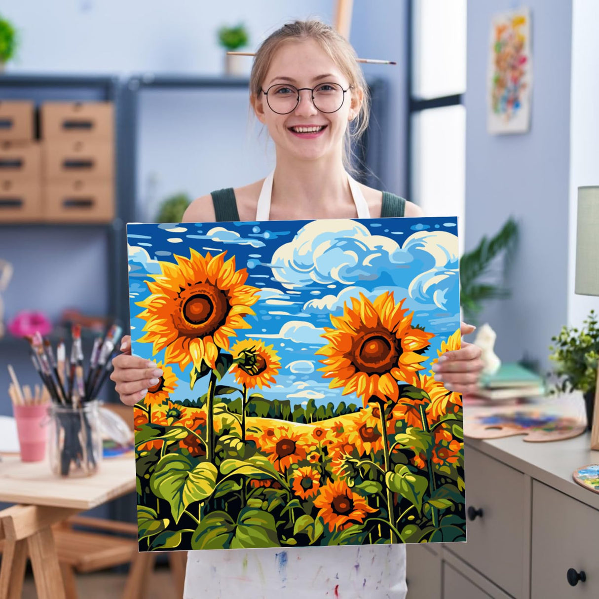 Fountor Paint by Numbers Kit for Adults Beginner, Sunflowers Adult Paint by Number Kits on Canvas Without Frame, Sunflower Field Landscape Oil Paint by Numbers for Home Decor Gift 16” W x 16”L Fountor