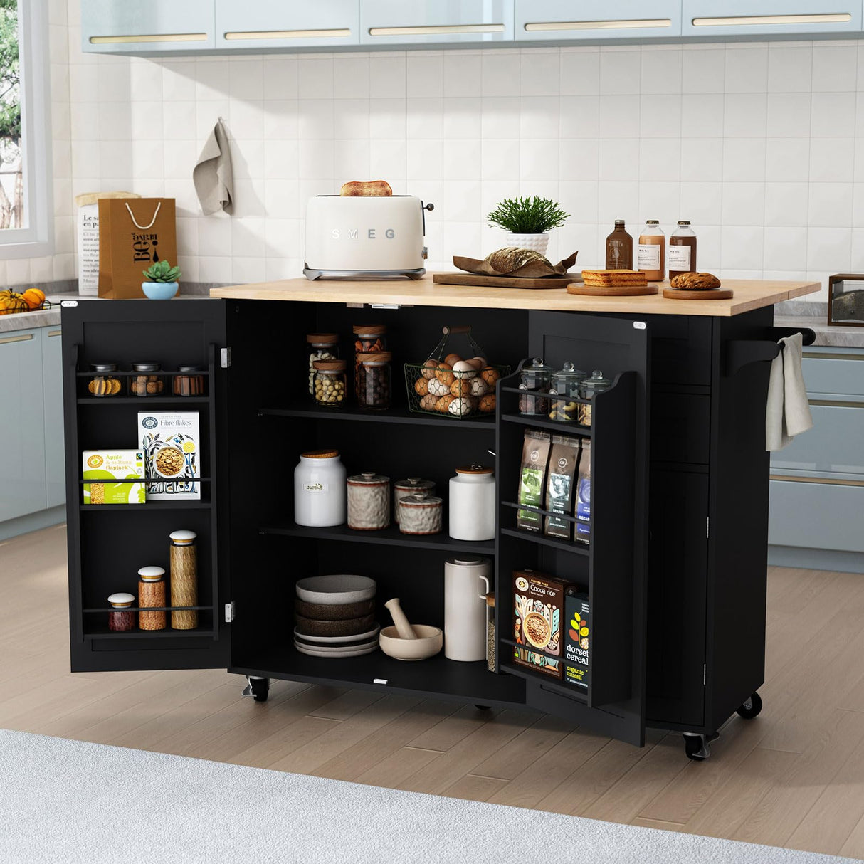 HLR Kitchen Island with Storage, Rolling Kitchen Island on Wheels with Drop-Leaf Bar Countertop, Island Table for Kitchen with Side Open Spice Rack and Tower Rack, Extra Storage for Kitchen HLR