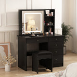 Homsee Vanity Desk Set Makeup Table with Large Sliding Lighted Mirror, Dressing Table with 5 Drawers, Storage Shelves & Cushioned Stool for Bedroom, Black Homsee