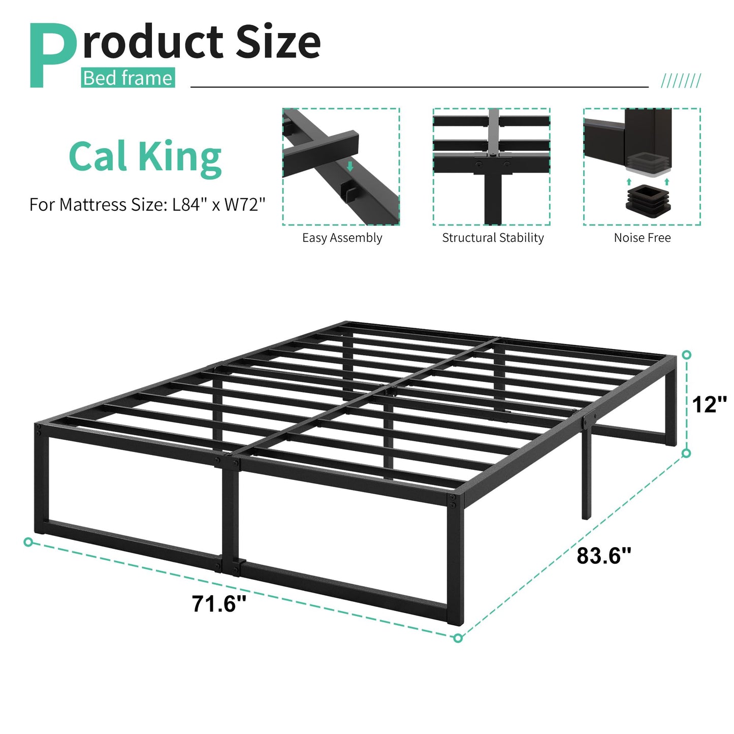 Lutown-Teen 12 Inch California King Bed Frames No Box Spring Needed Heavy Duty Metal Cal King Platform for Mattress Foundation, Noise Free, Easy Assembly, Black