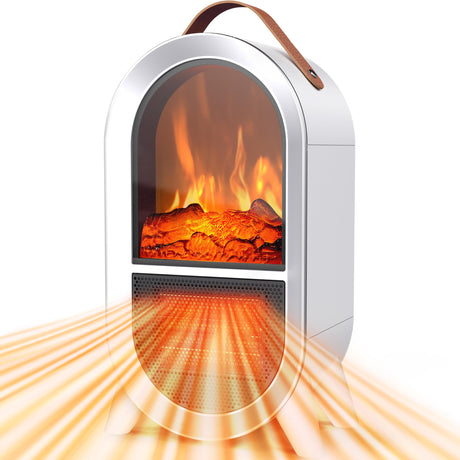 Riseon Small Space Heater for Indoor Use, 1500W/750W Portable Electric Fireplace with 3D Flame, Ceramic Heater Fan with Thermostat Overheat & Tipover Protection for Home Office Room Desk, White Riseon