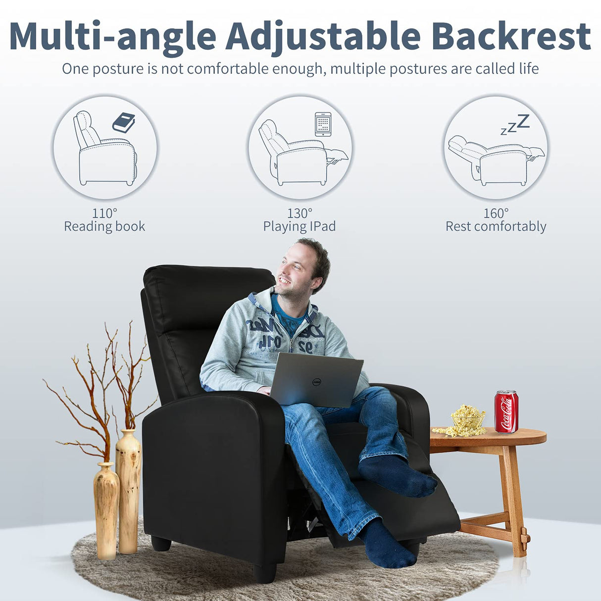 HCY Massage Recliner Chair Padded Wide Seat Sofa Wingback Single Sofa with Footrest PU Leather for Living Room,Home Theater(Black) HCY