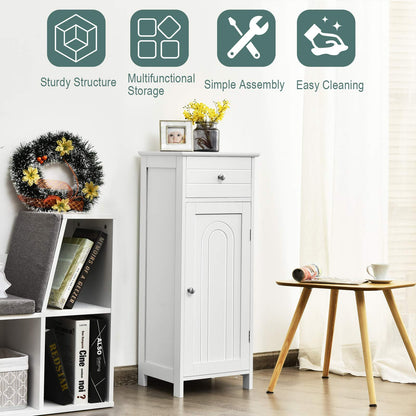 Tangkula Bathroom Floor Cabinet, Wooden Side Storage Organizer, Free-Standing Single Door Floor Storage Cabinet with Large Drawer & 2 Adjustable Shelves for Living Room Kitchen (White)