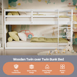 TOLEAD Low Bunk Bed Twin Over Twin, Floor Bunk Bed with Ladder, Twin Bunk Bed with Full Guardrails, Wooden Bunk Bed for Juniors, Boys, Girls, Kids, Bedrooms (White) TOLEAD