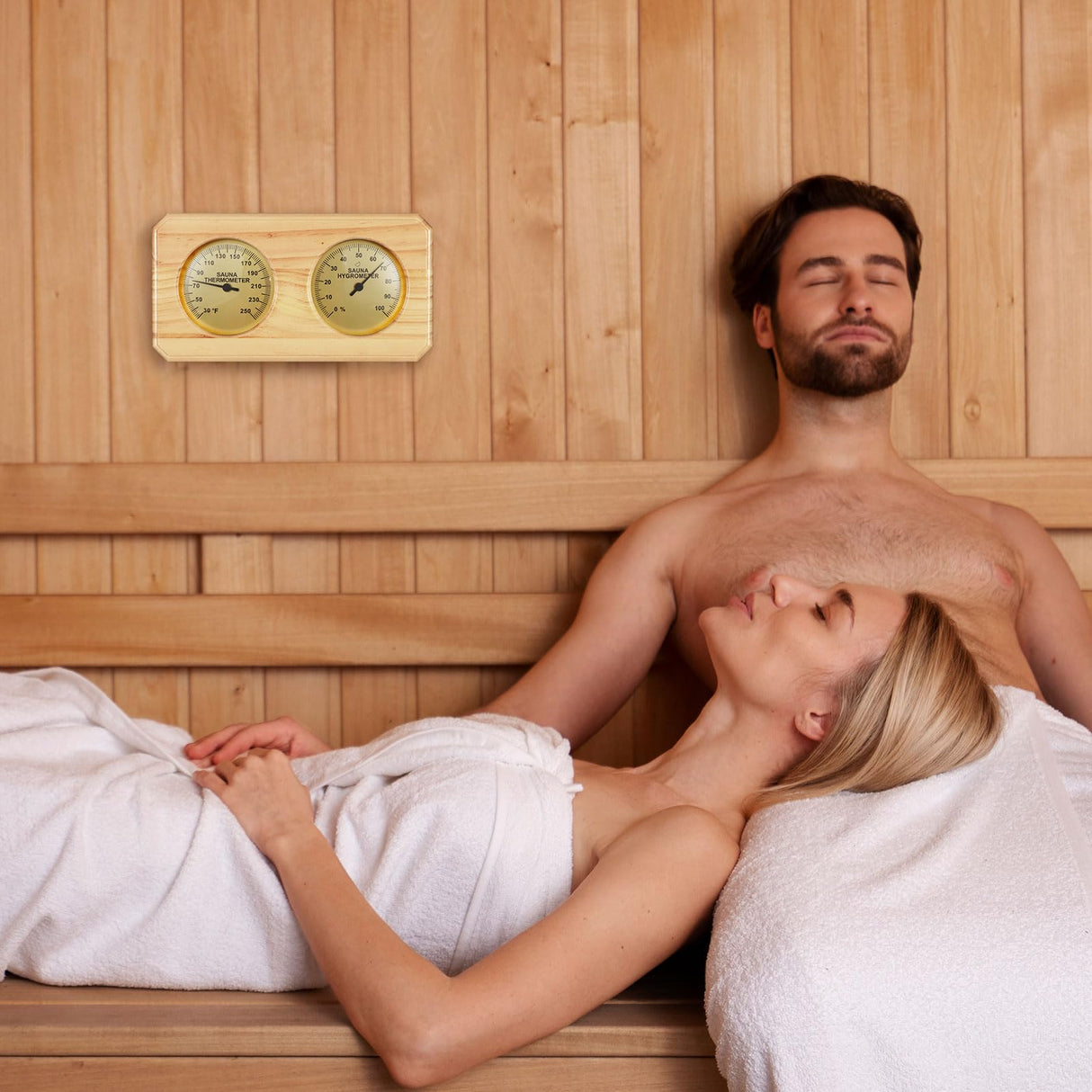 Foxyoo Sauna Thermometer Fahrenheit Hygrometer Gauge 2in1Indoor Home Sauna Thermostat,Sauna Accessories for Traditional Sauna,Barrel or Outside Infrared Sauna,Outdoor Sauna Room,Cedar Wood-Horizontal Foxyoo