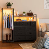 HPWLYO 10 Fabric Drawers Dresser with LED Light,Black Dresser for Bedroom with Clothes Rack, Tall Storage Chest of Drawers, Dressers & Chests of Drawers, Wooden Top, Bedroom, Closet Upgraded HPWLYO