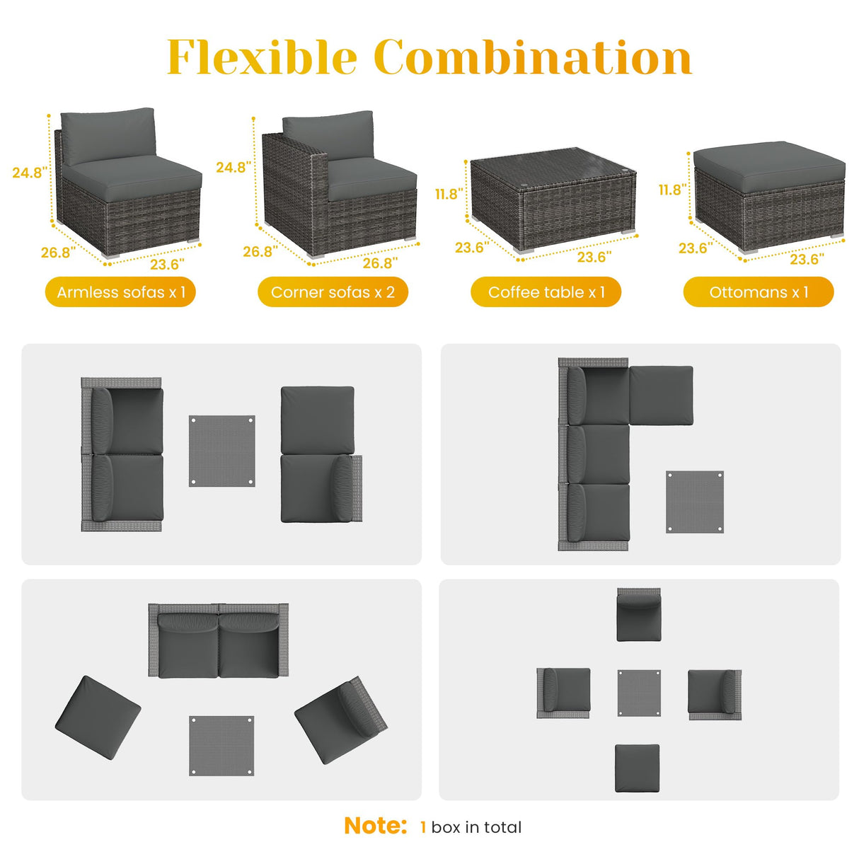 May in Color 5 Piece Outdoor Patio Sectional Furniture Set, Weather Resistant Rattan Outside Couch, Waterproof Conversation Sofa for Balcony, Porch, Backyard, Deck, Garden, Grey May in Color