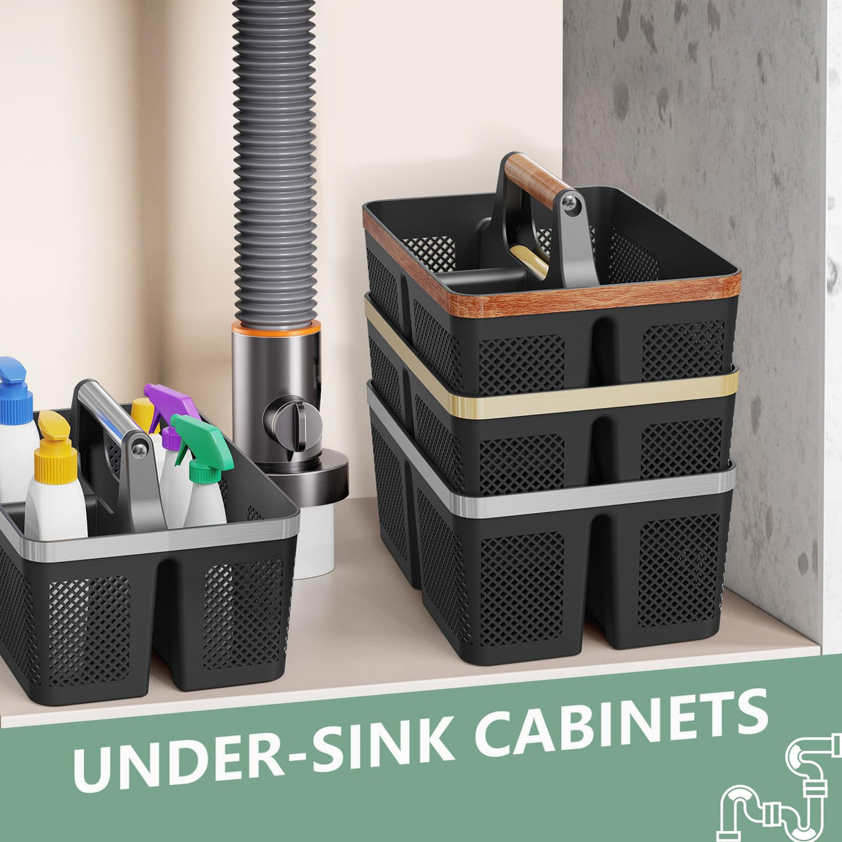 BYUNER Black Shower Caddy Portable: Plastic Bathroom Caddy Organizer with Handle and Holes, Cleaning Caddy, Hard Shower Basket Storage Tote for Toiletry, College Dorm Room Essentials for Men BYUNER