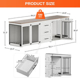 Rophefx 94.5" Dog Crate Furniture for 2 Dogs, Large Dog Kennel Furniture with 3 Storage Drawer, Wooden Dog Cage with 4 Bowls, Indoor Dog House TV Stand with Locks for Large Medium Dog, White Rophefx