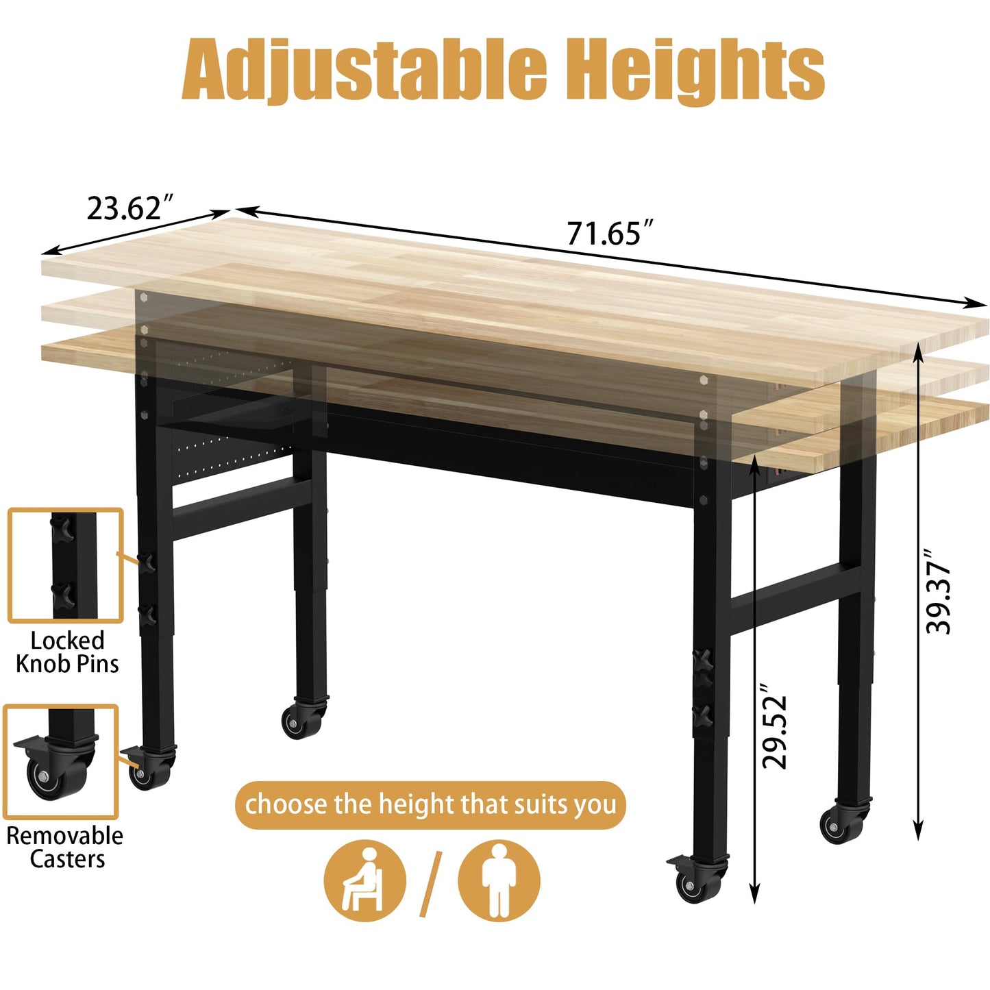 72" Adjustable Workbench，Multifunctional Rolling Heavy Duty Workbench with Wheels，Suitable for Large Capacity Rubberwood Countertop Workbench for Garage, Office, Workshop - WoodArtSupply