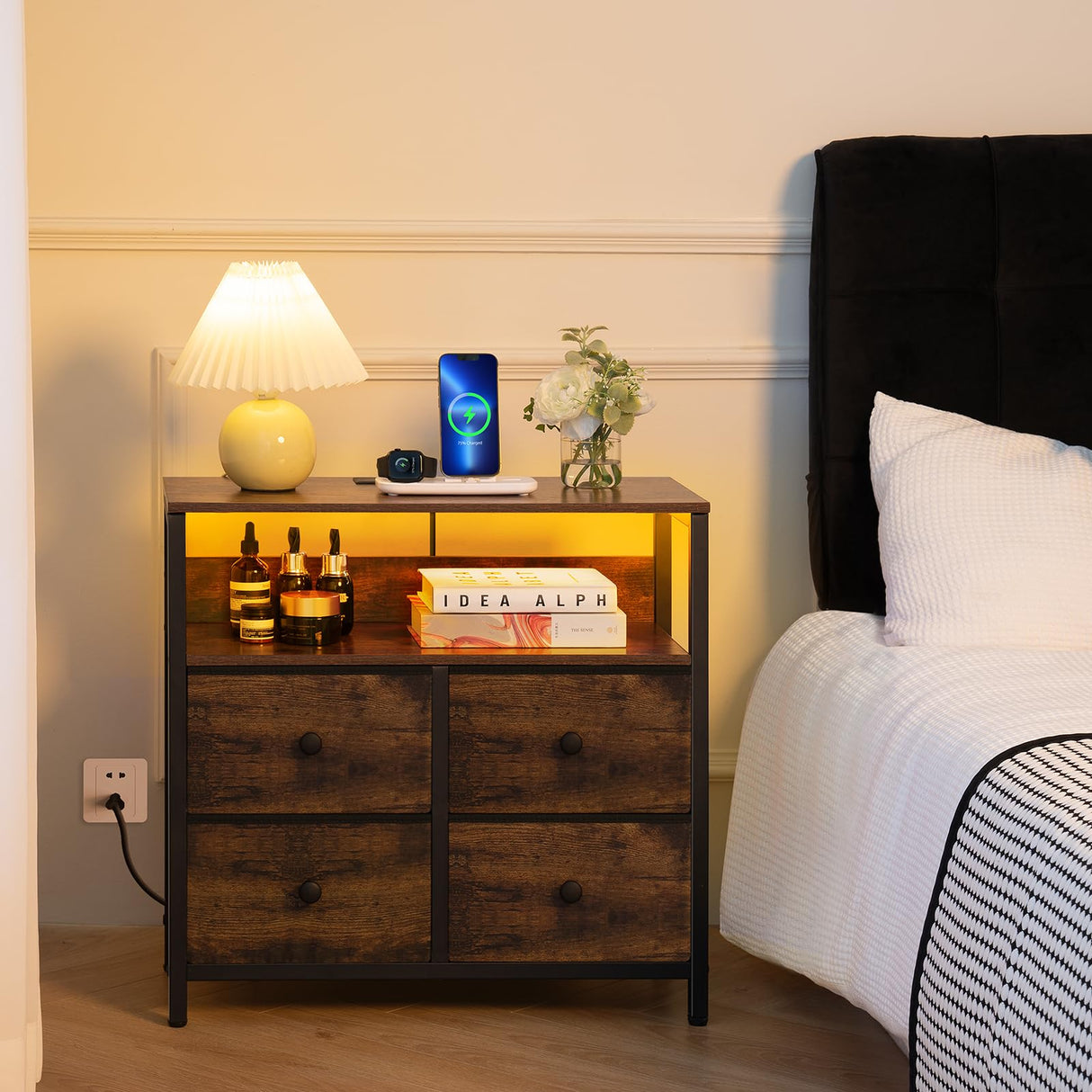 Yoobure Night Stand with Charge Station, Nightstand with 4 Drawers Bedside Table, LED Dresser with Storage Shelf, Night Stands for Bedroom, Side Table 3-Tier Wood End Table for Home Rustic Brown Yoobure