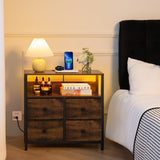 Yoobure Night Stand with Charge Station, Nightstand with 4 Drawers Bedside Table, LED Dresser with Storage Shelf, Night Stands for Bedroom, Side Table 3-Tier Wood End Table for Home Rustic Brown Yoobure