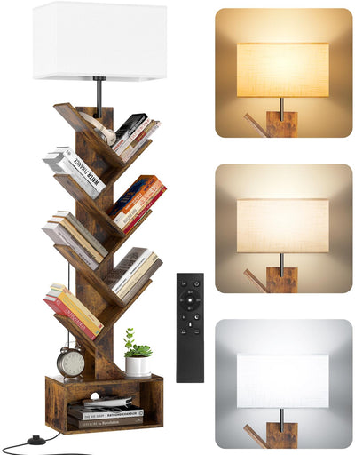 OUTONLIFE 8 Tier Tree Bookshelf with Lamp, Remote & Timer, Modern Tall Floor Standing Book Shelf, Narrow Wood Bookcase, Small Book Organizer Shelves for Living Room, Bedroom, Office (Rustic Brown)