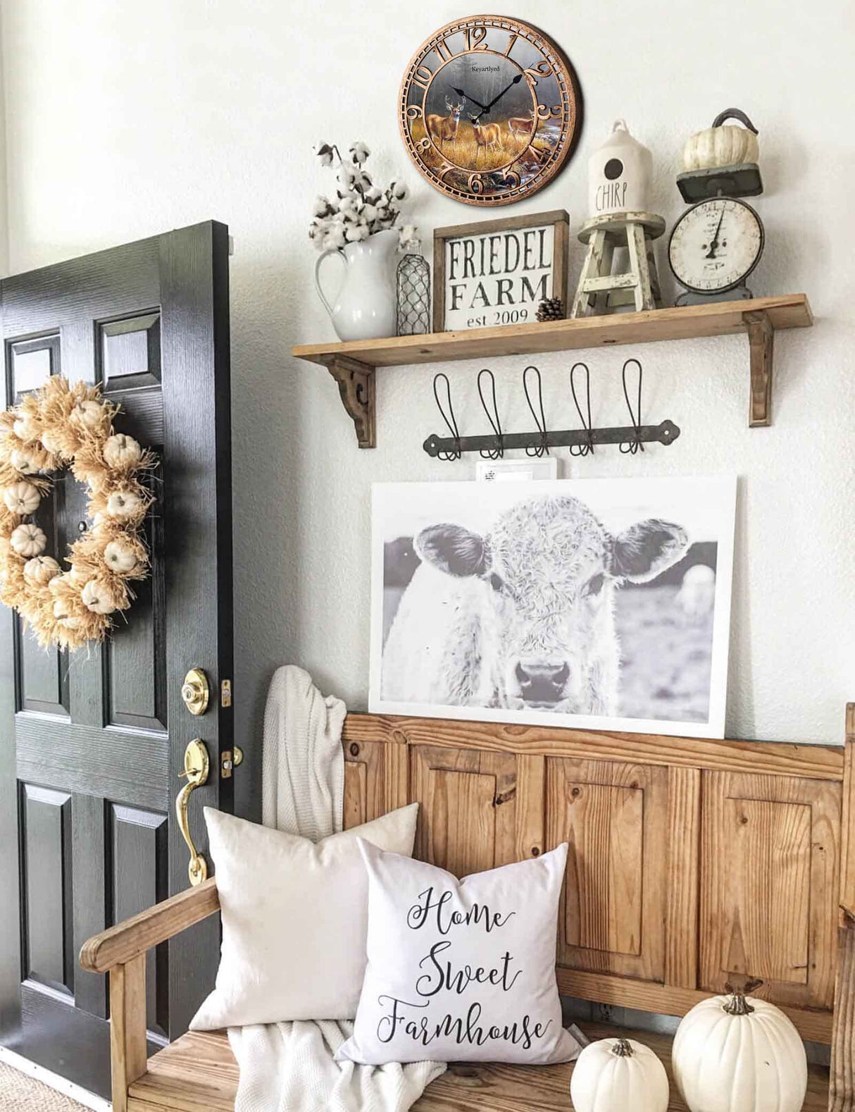 WANGIRO Round Wall Clock Farmhouse Plastic Deer Clock Battery Operated Silent Non-Ticking Rustic Clock 12 Inch for Home Kitchen Living Room Bedroom Office Decor (Antique Copper) WANGIRO