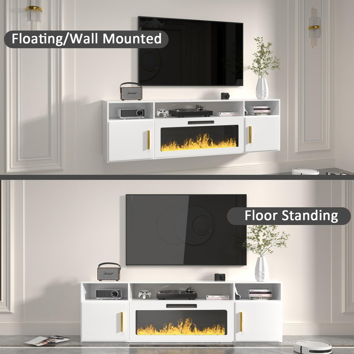 VENDORZ Floating TV Stand with Fireplace, 70" Floating Entertainment Center with White Fireplace, Wall Mounted Electric Fireplace TV Stand for Living Room Media Console with Storage Up to 80" TVs VENDORZ